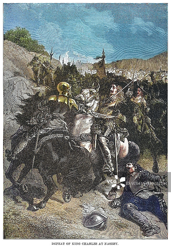 查尔斯国王在纳塞比战败的古老雕刻插图-纳塞比战役（645年6月14日）-第一次英国内战的一部分图片素材
