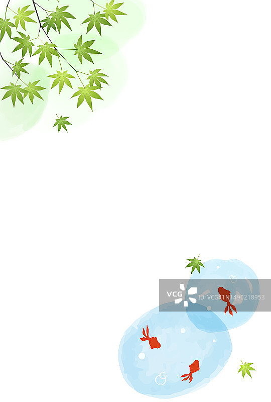 水彩风格金鱼和蓝色枫叶留言卡竖版明信片图片素材