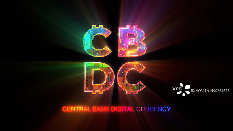 新型数字货币CBDC概念的力量：改变行业和客户服务，全球商业的游戏规则改变者，黑色背景上充满活力的CBDC图标，设计元素图片素材
