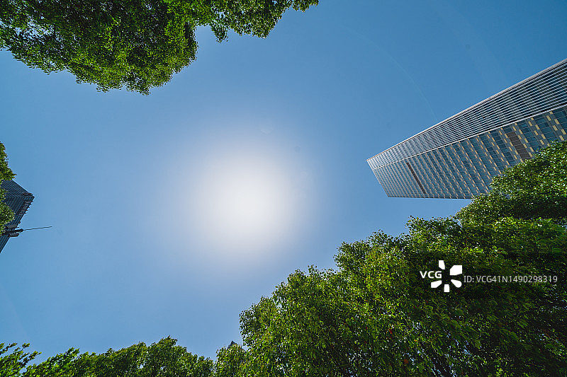 现代办公室，可持续生态城市概念底部视角图片素材