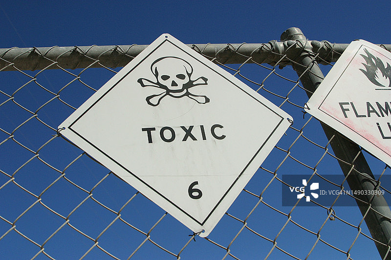 安全围栏上的有毒物质警告标志，骷髅和交叉骨图片素材
