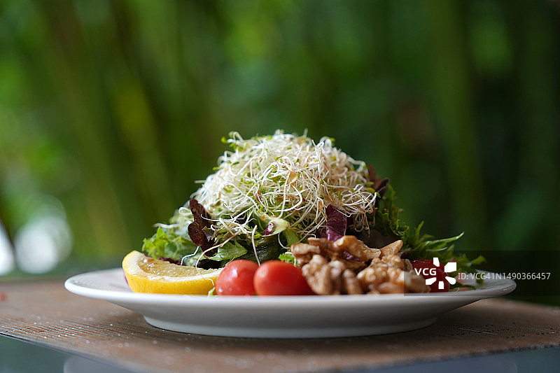 一盘健康的绿色沙拉，配有苜蓿芽、樱桃番茄、核桃、绿叶蔬菜、橄榄和沙拉酱图片素材