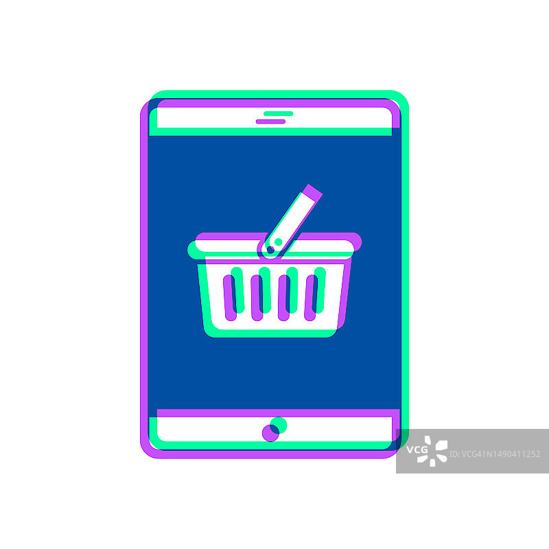 带有购物篮的平板电脑，白色背景上的双色叠加图标图片素材