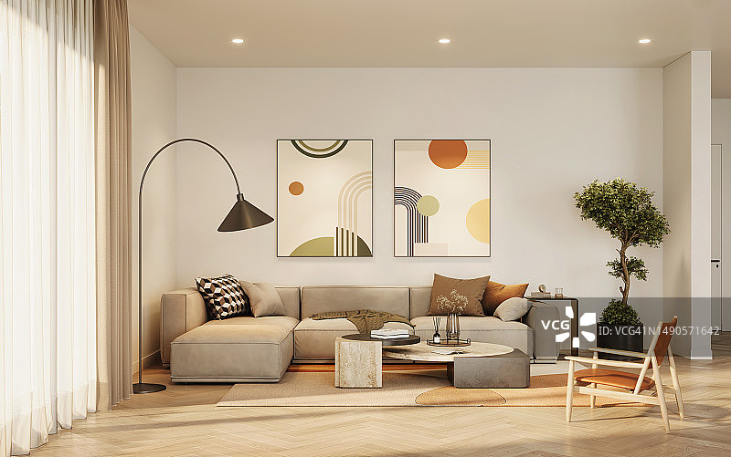 以现代艺术作品为墙壁的客厅的精美3D渲染图片素材