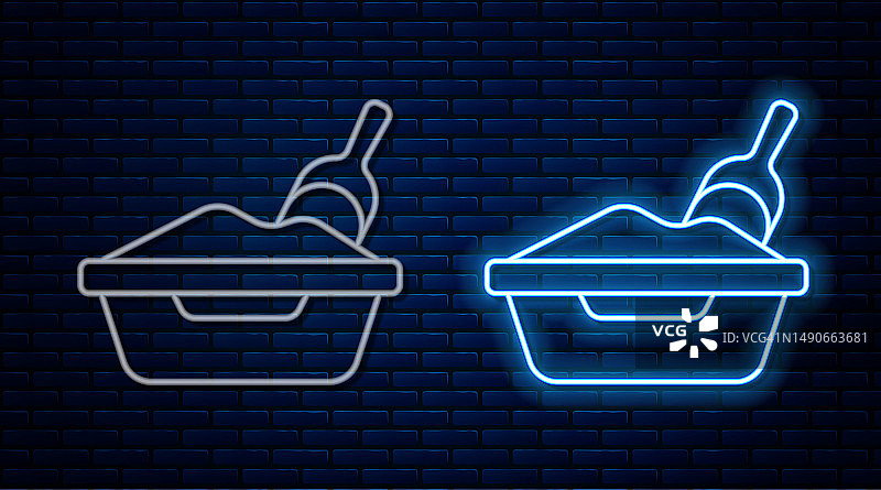 发光的霓虹灯线：带铲子的猫砂盆图标，矢量图图片素材