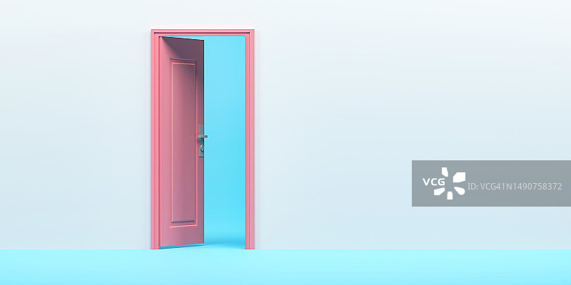 3D渲染插画：粉色门开放式入口，蓝色背景房间极简创意，罗马尼亚图片素材