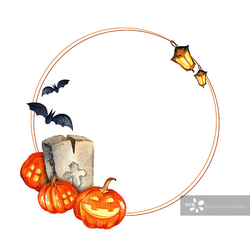 万圣节主题水彩圆形边框，含墓碑南瓜蝙蝠灯笼图片素材