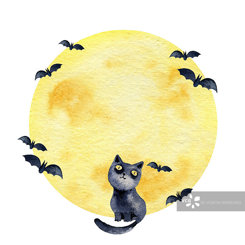 万圣节主题水彩构图：月亮、黑猫和蝙蝠，水彩月亮背景，手绘边框，圆形框架图片素材