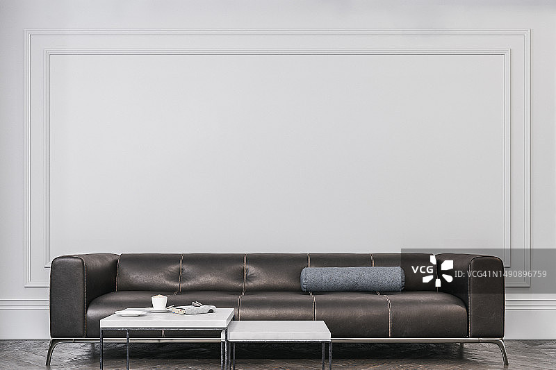 舒适的复古时尚室内设计，配有黑色皮革沙发和镶板墙图片素材