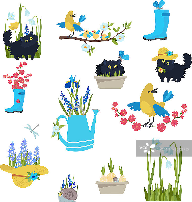 园艺春季种植花园小猫组合图片素材