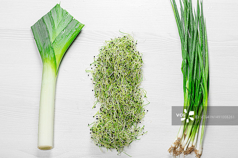 绿色小葱、韭菜和葱苗顶视图，罗马尼亚图片素材