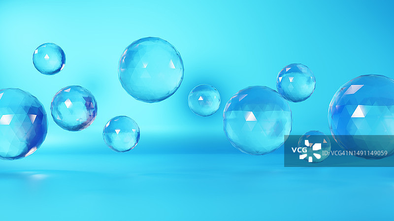 3D插画：浅蓝色背景上悬浮的透明玻璃球（横版）图片素材
