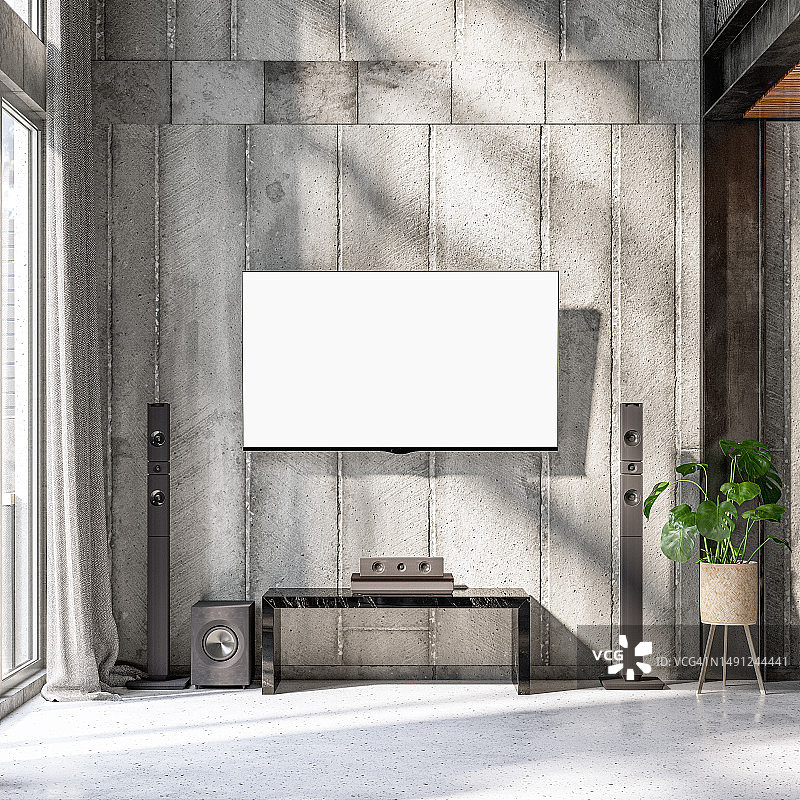 现代工业风客厅：高挑天花板、工业风窗户、条形音响、混凝土墙前的大理石矮桌和液晶电视图片素材