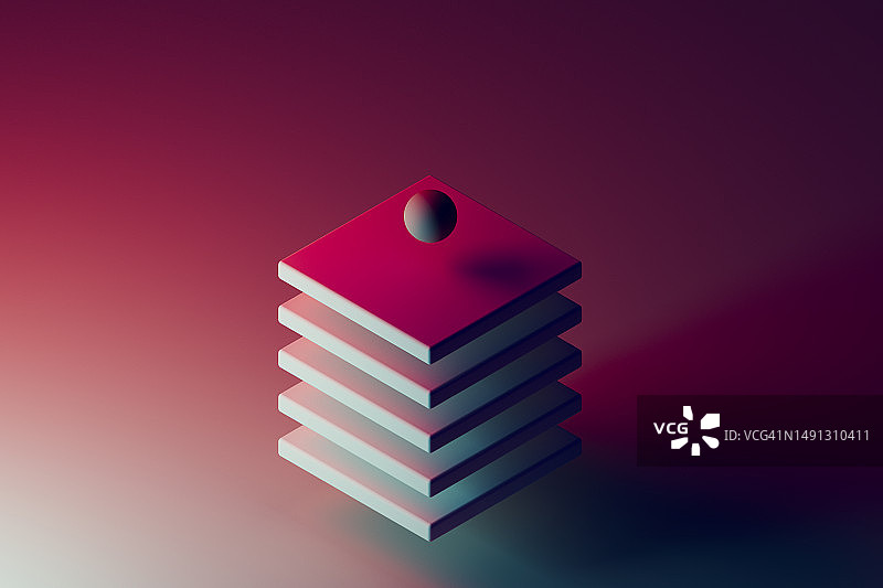 3D渲染：红色背景上漂浮的球体和方形瓷砖图片素材