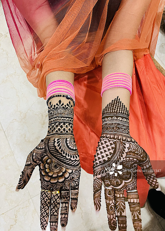 手部展示精美的印度新娘曼海蒂/海娜设计图片素材