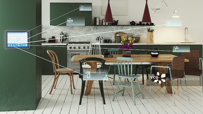 斯堪的纳维亚风格厨房中的智能家居控制图片素材