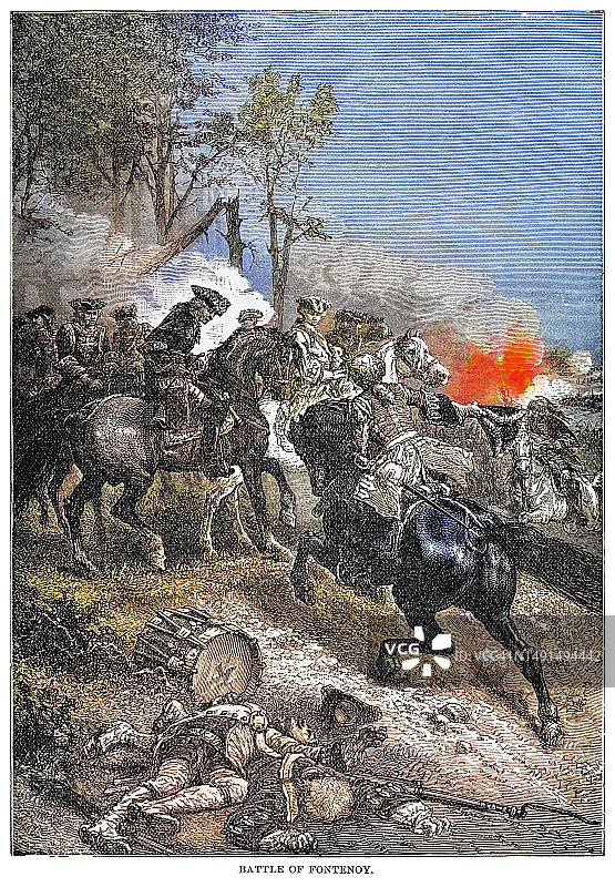 丰特努瓦战役古老雕刻插图，1745年5月11日（英国与法国之间）图片素材