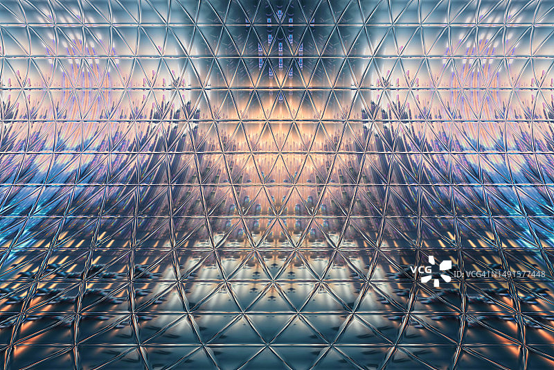 日出时反射城市景观的金属表面图片素材