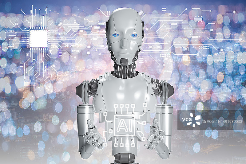 设计元素 - 具有未来主义背景的AI机器人图片素材