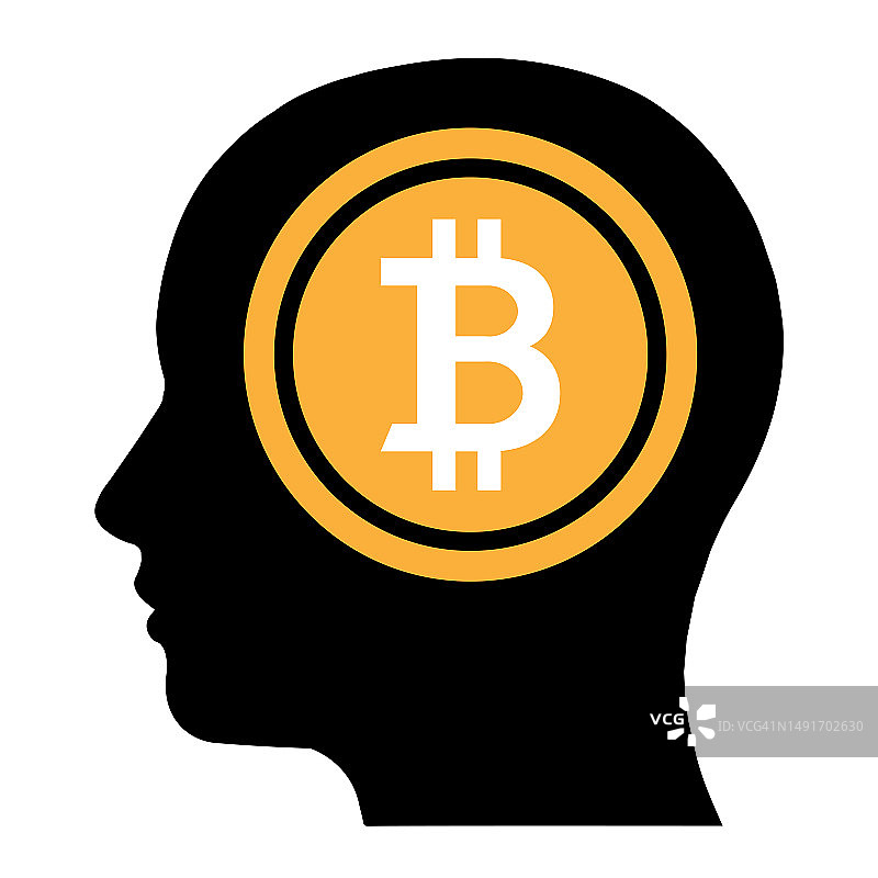 头上顶着比特币的简单插画：互联网加密货币概念图片素材