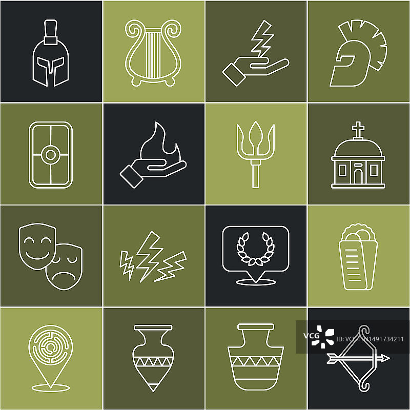 中世纪弓箭、希腊肉夹馍、宙斯和海神三叉戟图标矢量素材图片素材