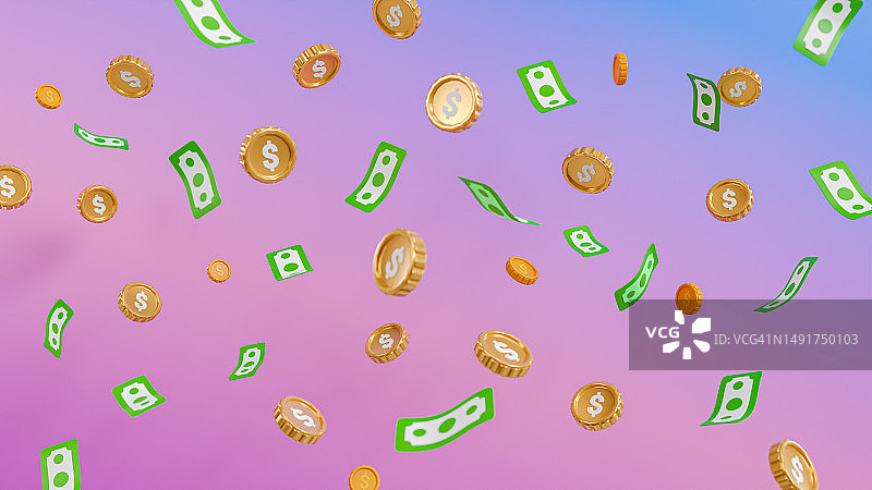 投资与财富概念的抽象背景上的纸币和硬币，商业成功概念图片素材