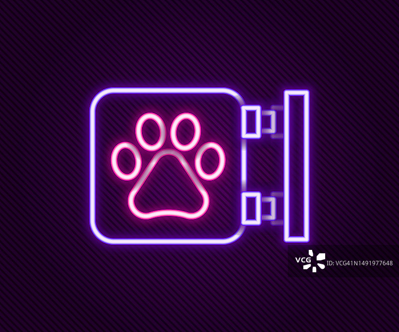 发光的霓虹灯兽医诊所标志，宠物医院十字标志，风格化的猫狗爪印，宠物急救标志，彩色轮廓概念矢量图图片素材