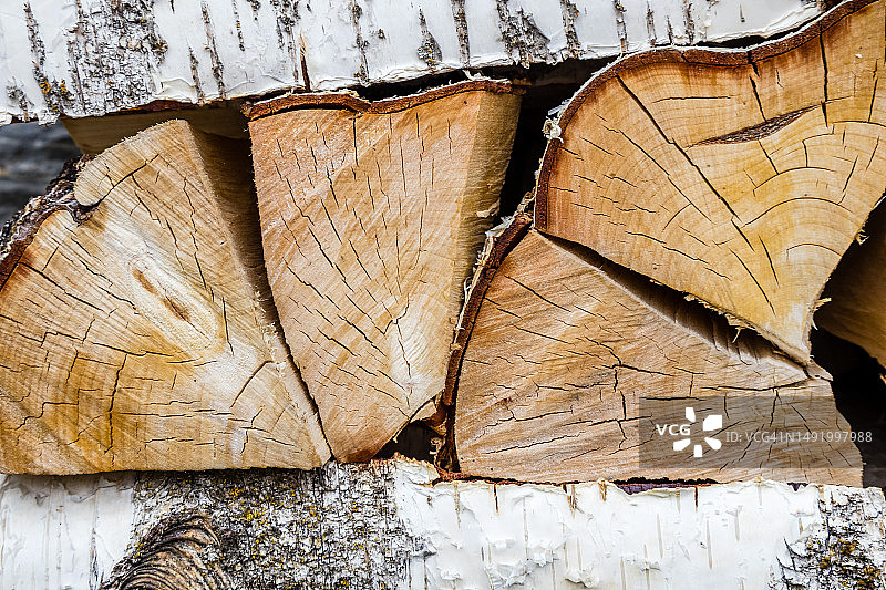 桦木原木堆的特写图片素材