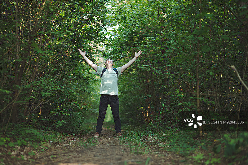 在森林深处行走的男人，举起双手，仰望天空，享受大自然图片素材