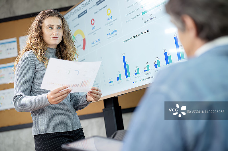 通过市场调查提高和衡量业务有效性：商务办公室里，一位女商人与一位经理讨论如何通过市场份额统计来寻找新的机会图片素材