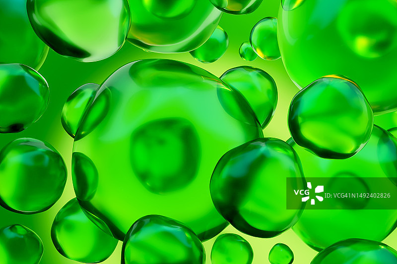 绿色分子气泡和液滴3D图案，美容背景，医疗保健图片素材