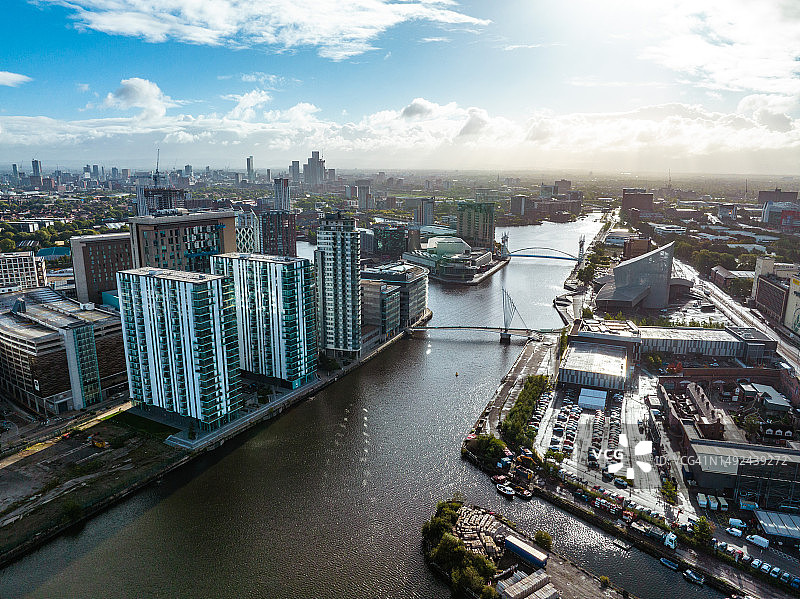曼彻斯特索尔福德码头媒体城的无人机景观图片素材