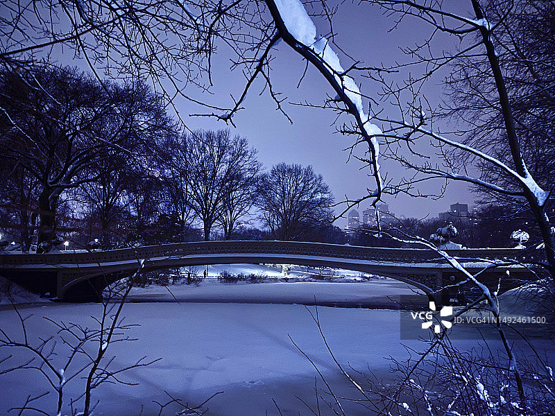 冬季暴风雪后纽约中央公园的弓桥夜景图片素材