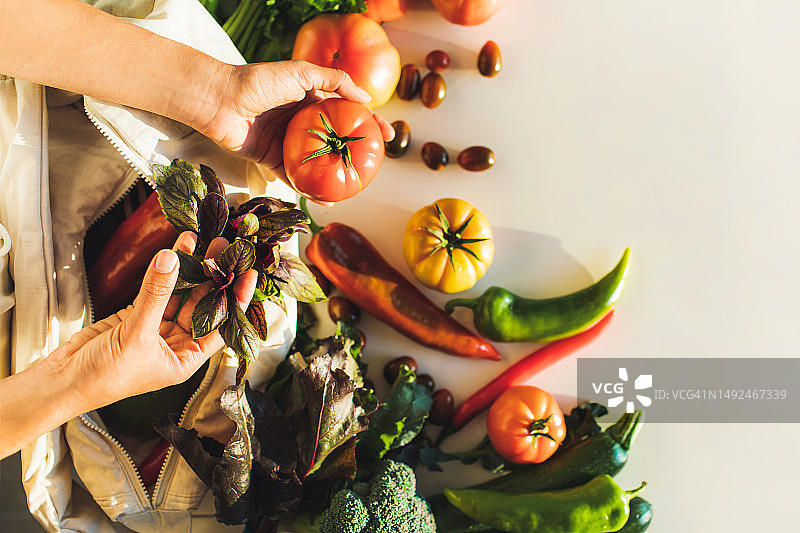 女人手拿新鲜罗勒和西红柿，乡村市场蔬菜图片素材