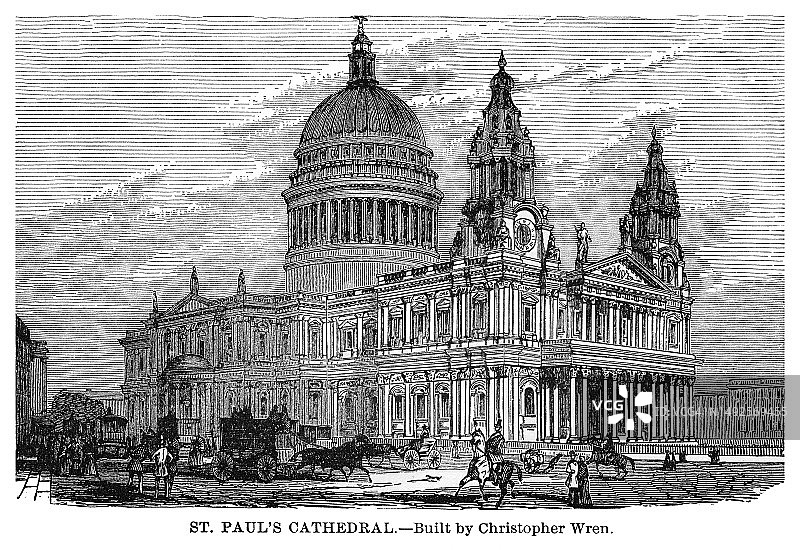 伦敦圣保罗座堂古老雕刻插图图片素材