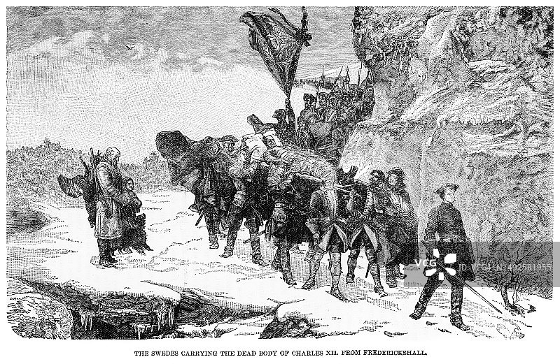 老式版画：瑞典人运送查理十二世遗体图片素材