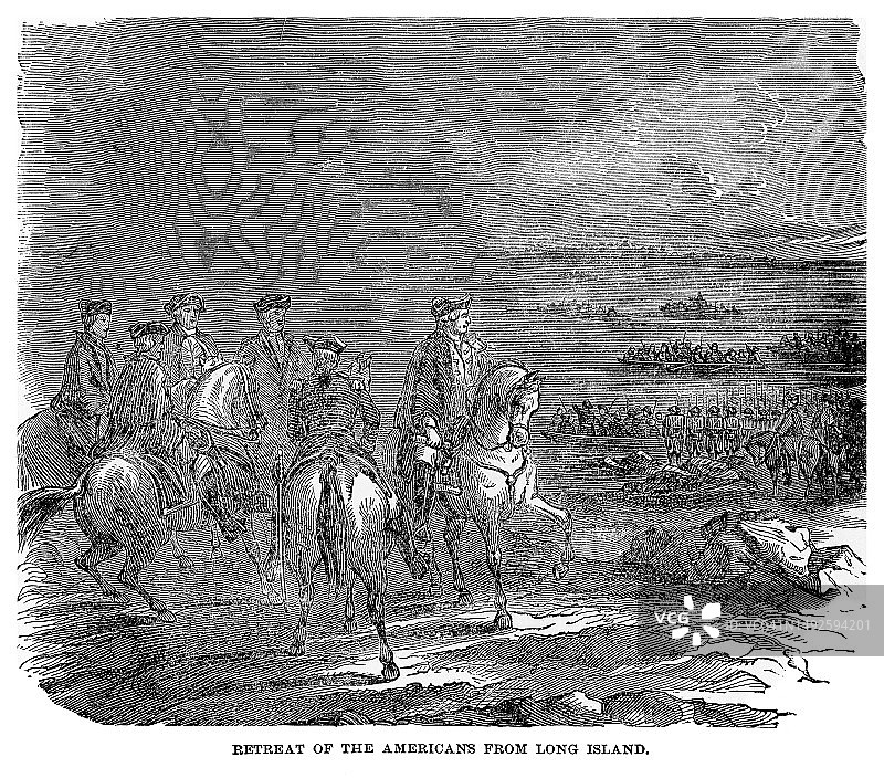 美国人从长岛撤退的旧版雕刻插图图片素材