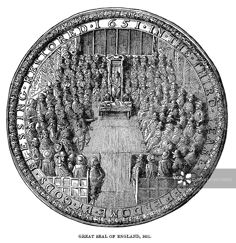 1651年英格兰联邦大印章古董雕刻插图图片素材