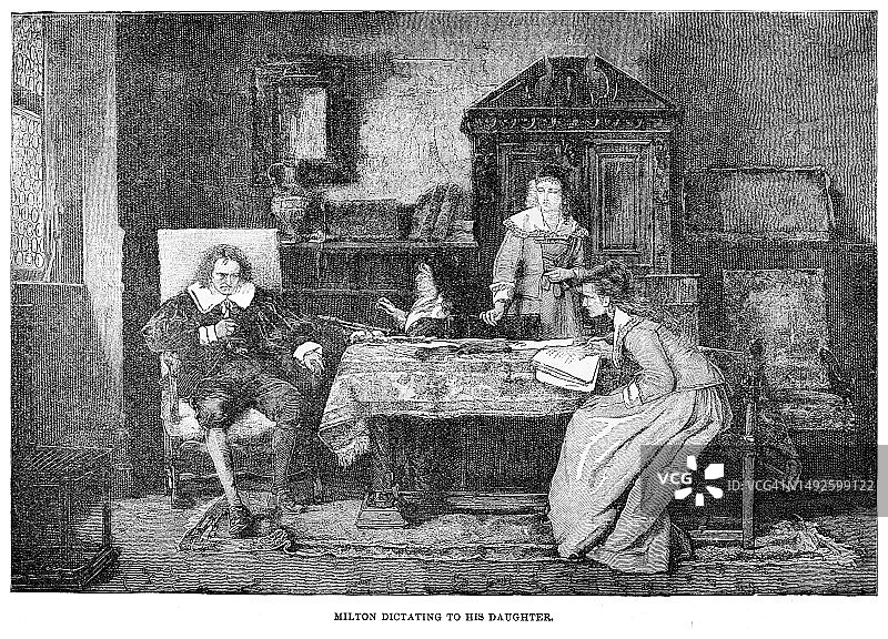 克伦威尔拜访弥尔顿故居的古老插画图片素材