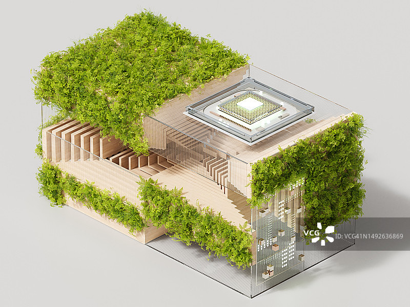 未来主义立方体连接和计算机微芯片的数字图像：技术与生态融合，ESG图片素材