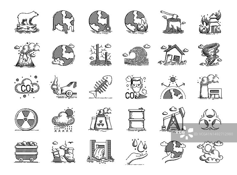全球变暖手绘矢量涂鸦线条图标集图片素材
