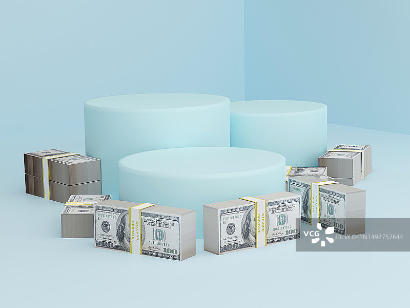 带美元的货币领奖台，用于金融产品展示。3D渲染图片素材