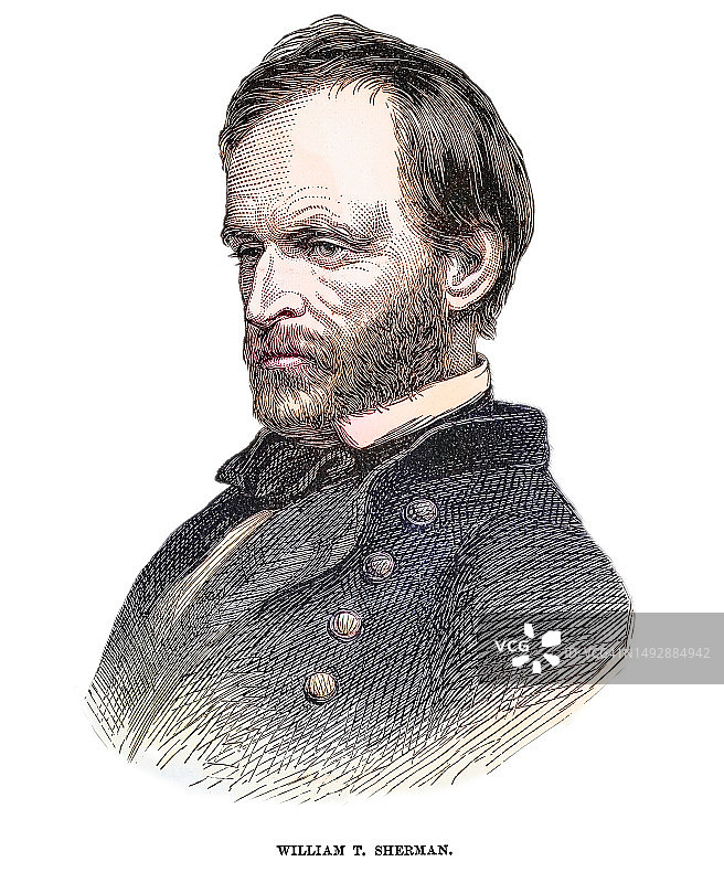 美国军人、商人、教育家和作家威廉·特库姆塞·谢尔曼将军肖像图片素材