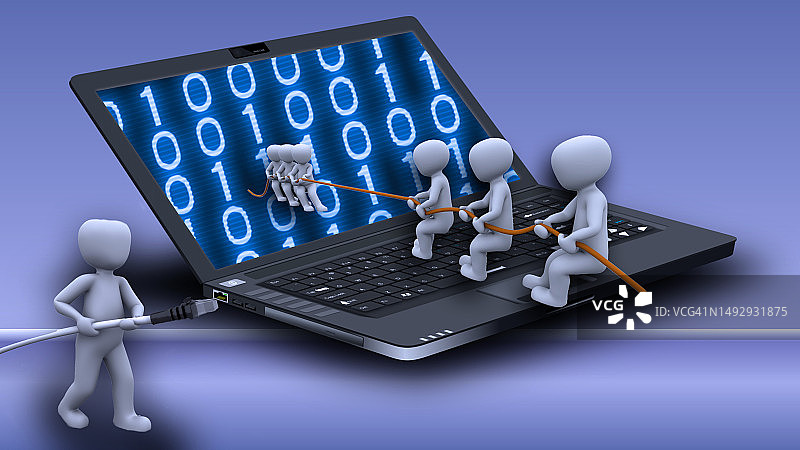 紫色背景下，笔记本电脑中玩拔河比赛的机器人图片素材