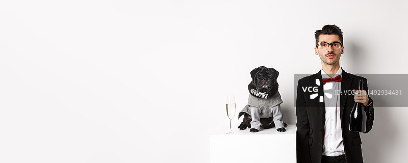 身穿正装、抱着酒瓶的男子和狗（白色背景）图片素材