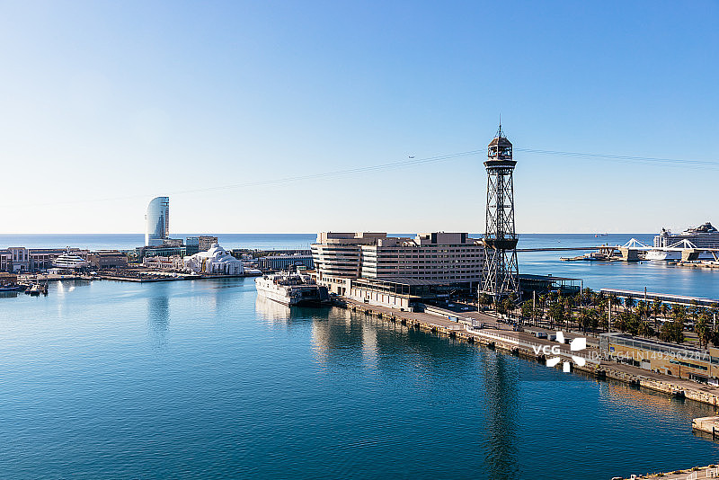 晴朗蓝天下巴塞罗那港口鸟瞰图片素材
