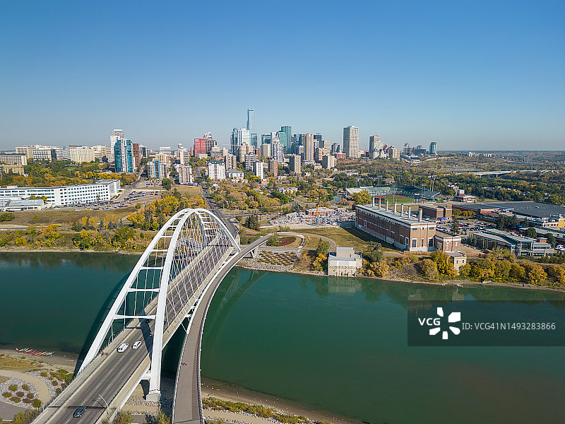 加拿大埃德蒙顿：晴空下河流上的桥梁航拍图片素材