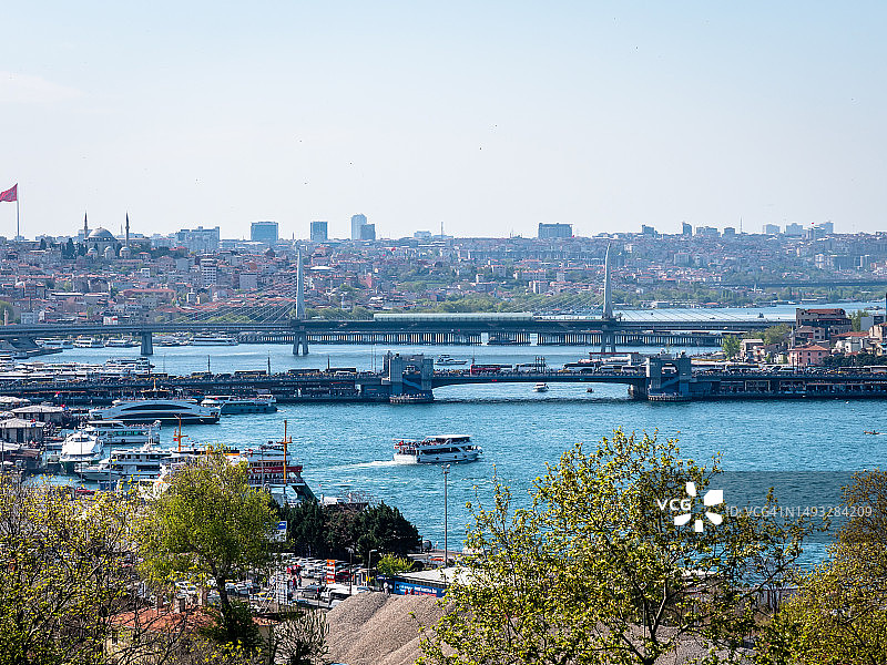 土耳其伊斯坦布尔，集装箱船通过亚武兹苏丹塞利姆大桥高角度拍摄图片素材