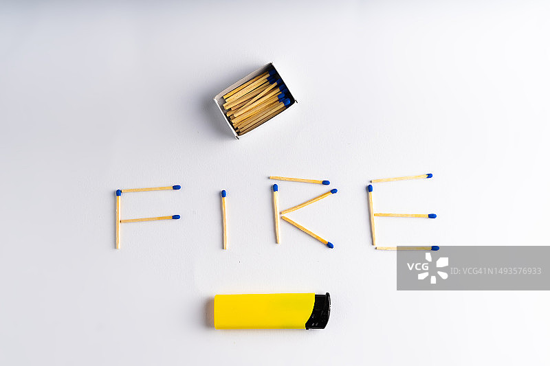 白色背景上的打火机，包括火柴盒，文字FIRE图片素材
