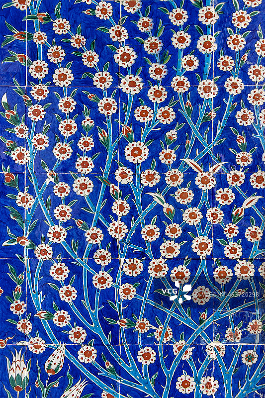 蓝白珊瑚红伊兹尼克瓷砖面板图片素材